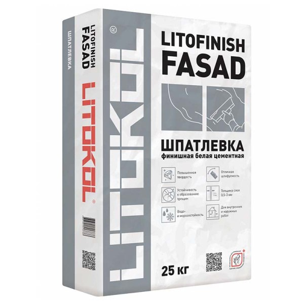 LITOFINISH FASAD Шпаклевка цементная белая LITOKOL, 25 кг