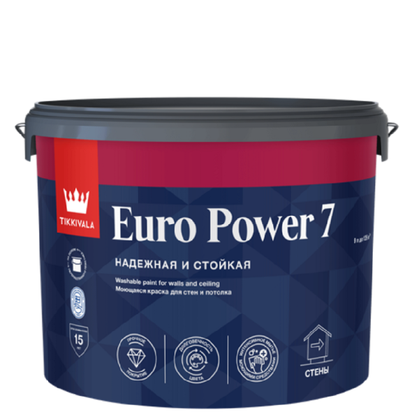 Краска моющаяся Tikkivala EURO POWER 7 база A, шелк/мат 9л