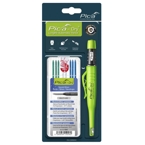 Карандаш PICA-Dry и цветные грифели 3 синих, 2 белых, 3 зеленых