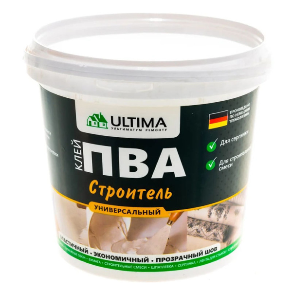 Клей ПВА ULTIMA Строитель, ведро 0,9 кг, арт.ULTSTR09
