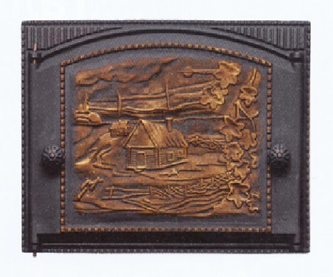 Дверка каминная с рисунком не уплотненная Литком ДК-2, Домик в деревне, 375х300х40мм, патина медь