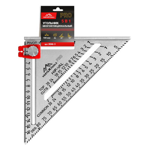 Угольник многофункциональный VertexTools profi 5 в 1, al, подвижная шкала, плоскость+масштаб толщина 4,5 мм 3046-3