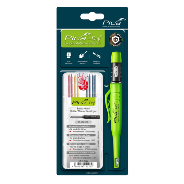 Карандаш строительный PICA-Dry и цветные грифели 4 графитовых, 2 красных, 2 желтых