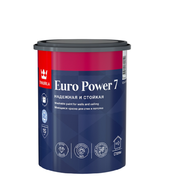 Краска моющаяся Tikkivala EURO POWER 7 база A, шелк/мат 0,9л