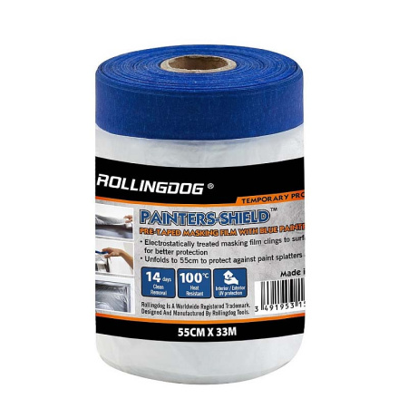 Укрывное полотно на малярной ленте Rollingdog PAINTERS-SHIELD 8мкм, 55см х 33м, арт.80347