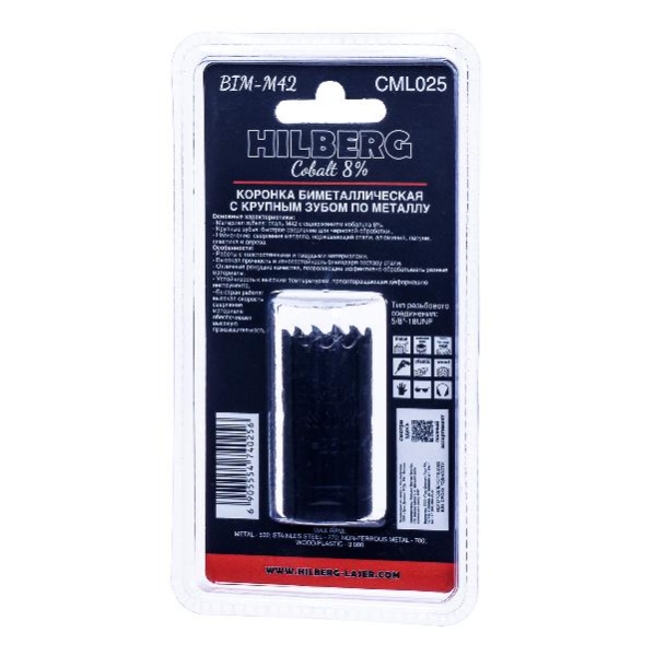 Коронка биметаллическая по металлу 25мм, крупный зуб, Hilberg Bi-Metal Cobalt 8% (М42), CML025