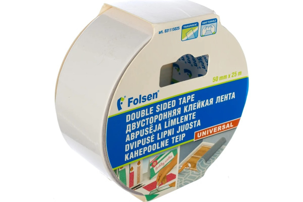 Двусторонняя клейкая лента FOLSEN Universal полипропиленовая 50мм*25м арт. 031115025