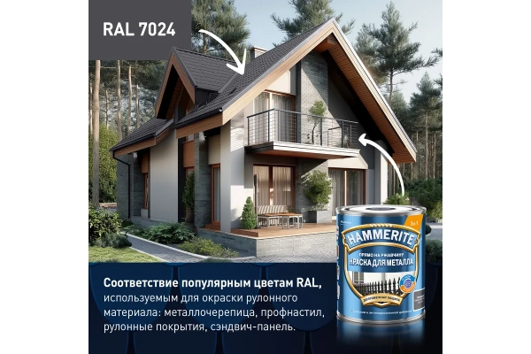 Краска Hammerite Для металла гладкая, графитовая RAL7024 2 л