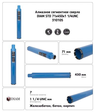 Коронка алмазная по железобетону 28 мм/450 мм 1_1/4unc DIAM STD арт. 310105 