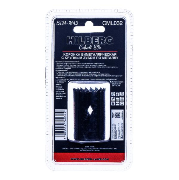 Коронка биметаллическая по металлу 32мм, крупный зуб, Hilberg Bi-Metal Cobalt 8% (М42), CML032