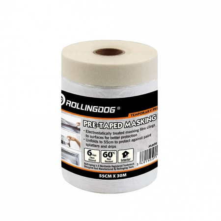 Укрывное полотно на малярной ленте Rollingdog Masking Film 8мкм, 55cм х 30м, арт.80046