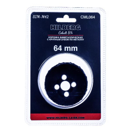 Коронка биметаллическая по металлу 64мм, крупный зуб, Hilberg Bi-Metal Cobalt 8% (М42), CML064