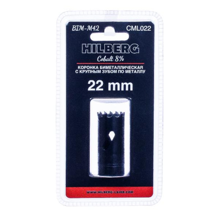 Коронка биметаллическая по металлу 22мм, крупный зуб, Hilberg Bi-Metal Cobalt 8% (М42), CML022