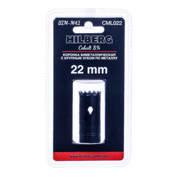 Коронка биметаллическая по металлу 22мм, крупный зуб, Hilberg Bi-Metal Cobalt 8% (М42), CML022