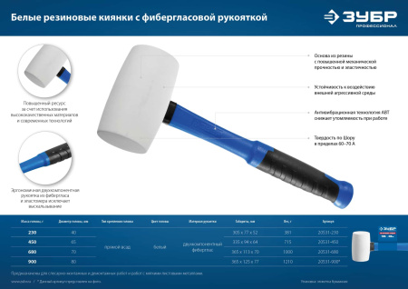 Киянка резиновая с фиберглассовой рукояткой 230 г Зубр ПРОФЕССИОНАЛ белая арт. 20531-230