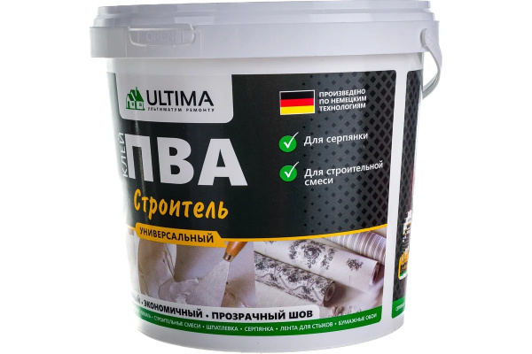 Клей ПВА ULTIMA Строитель, ведро 0,9 кг, арт.ULTSTR09