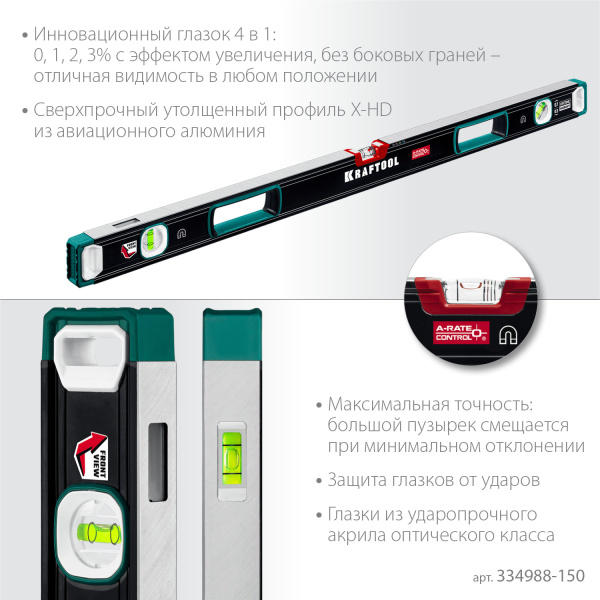 Магнитный сверхпрочный уровень KRAFTOOL A-RATE Control с зеркальным глазком 1500 мм арт. 34988-150