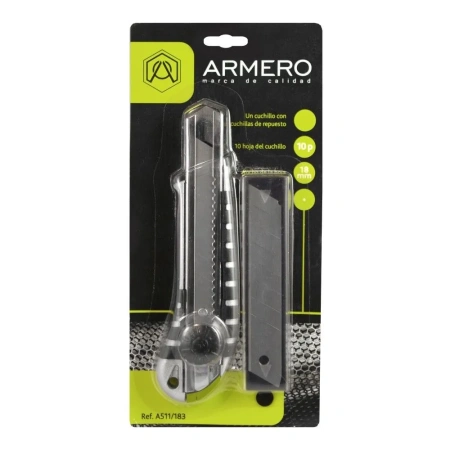 Нож 18мм металлический обрезиненный корпус с комплектом лезвий (10 шт) Armero арт.  A511/183