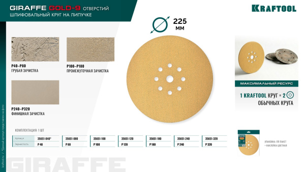 Шлифовальный круг KRAFTOOL Giraffe GOLD-9 225мм, P180 арт. 35651-180